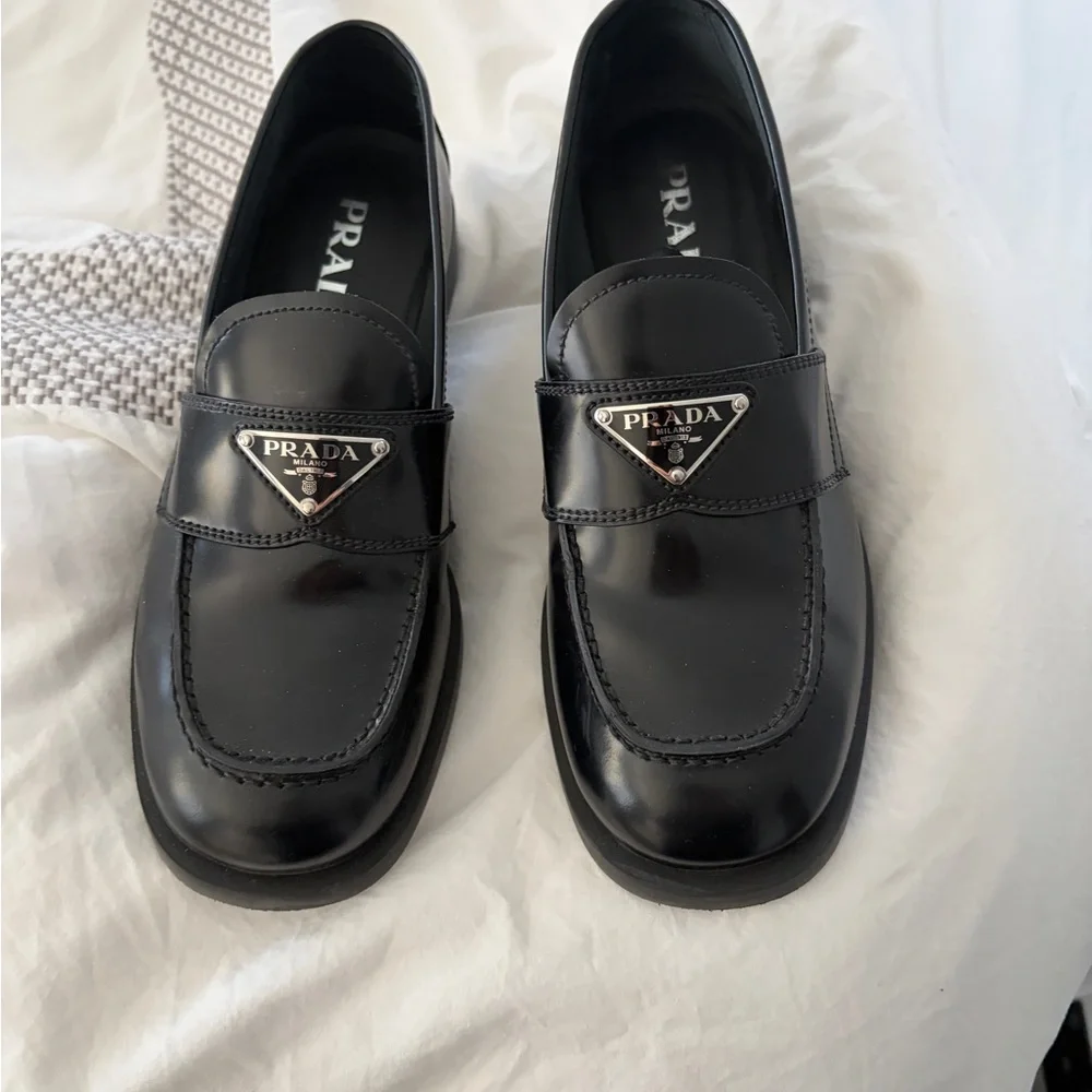 Prada Black Leather Logo Triangle Penny Loafers - Picture 1 of 3